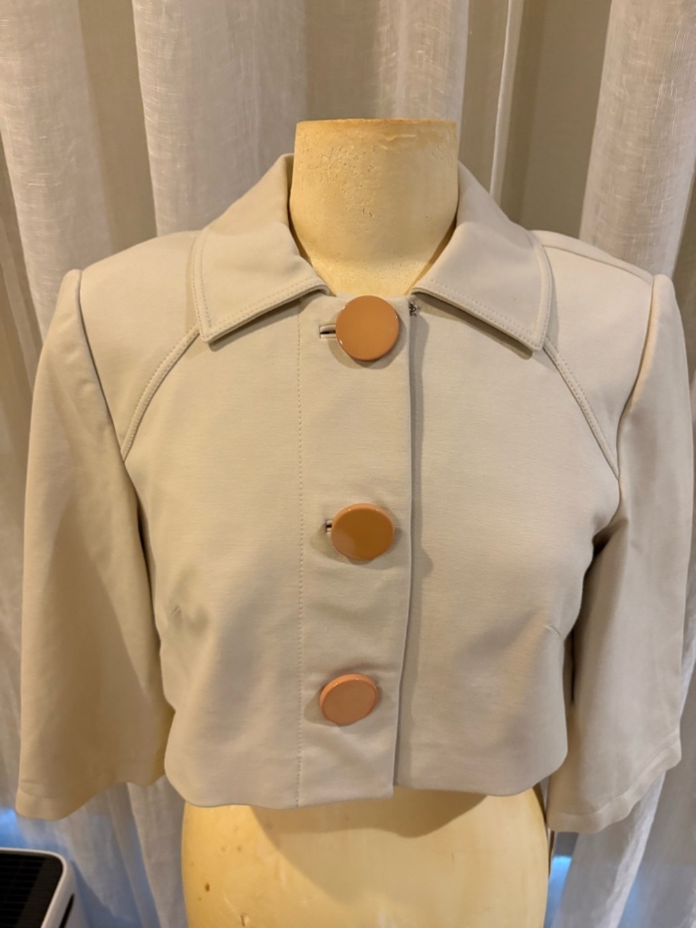 Kay Unger Cropped Cream Jacket with Tan Accent Buttons